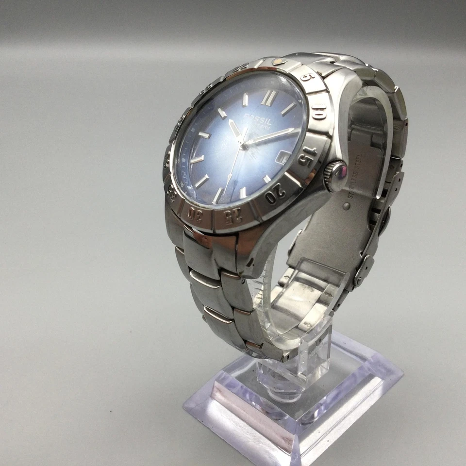 Fossil Blue Watch Mens 40mm Stainless Steel Date 100M AM-3869 New Battery 7" - Image 4 of 4