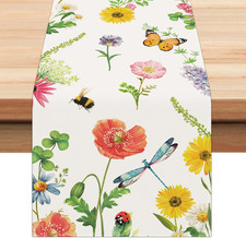 Spring Floral Table Runner 13X72 Inch Red Yellow Wildflowers Butterfly Bee Gr...