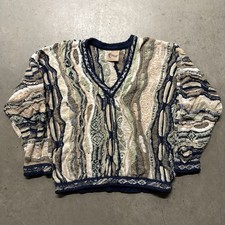 Vintage 90s Coogi Classic V Neck 3D Knit Sweater L Beige Linen Cotton Earth Tone