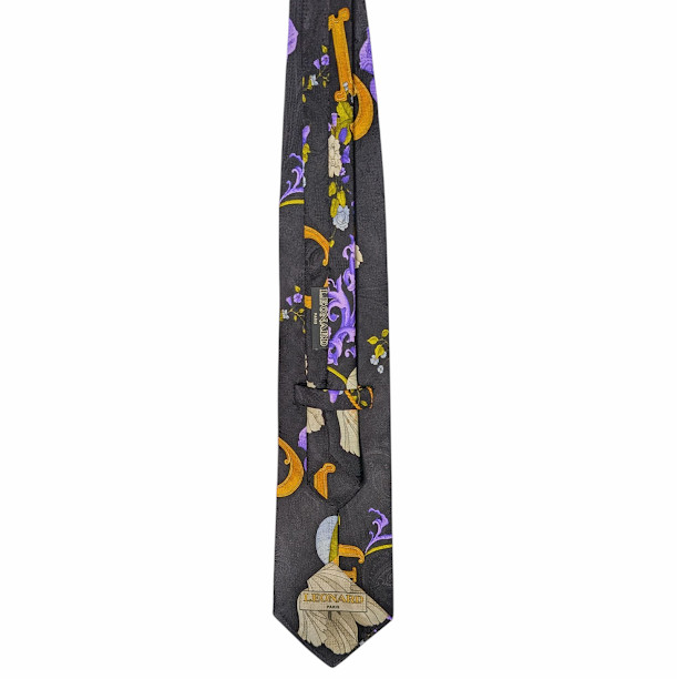 LEONARD PARIS Silk tie Deco design with white-purple flowers & gold letters-EUC