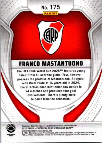 Tarjeta Panini Prizm Copa Mundial de Clubes de la FIFA #175 2025 Franco Mastantuono River Plate - Imagen 2 de 2