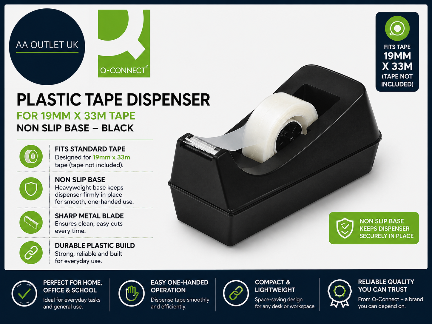 Q Connect Plastic Tape Dispenser 19mmx33m Non Slip Base Black