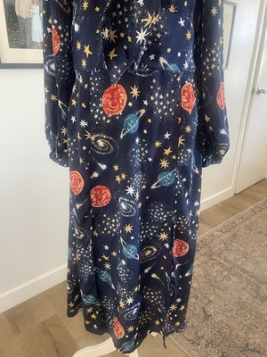 neon rose celestial dress NEON ROSE STELLA Celestial Print Outer Space DRESS Galaxy MIDI Tie Front Sz  Med