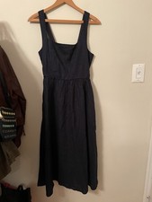 Quince 100% European Linen Fit Flare Midi Dress Square Neck Blue Navy Medium M