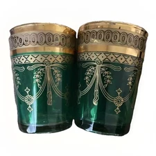 Vintage Pair Green With Gold Gilding Glass Juice Glasses  3-1/4" tall. Elegant