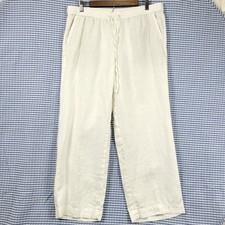 Talbots Linen Pants Sz 14 Petite White Wide Straight Leg Elastic Waist Unlined