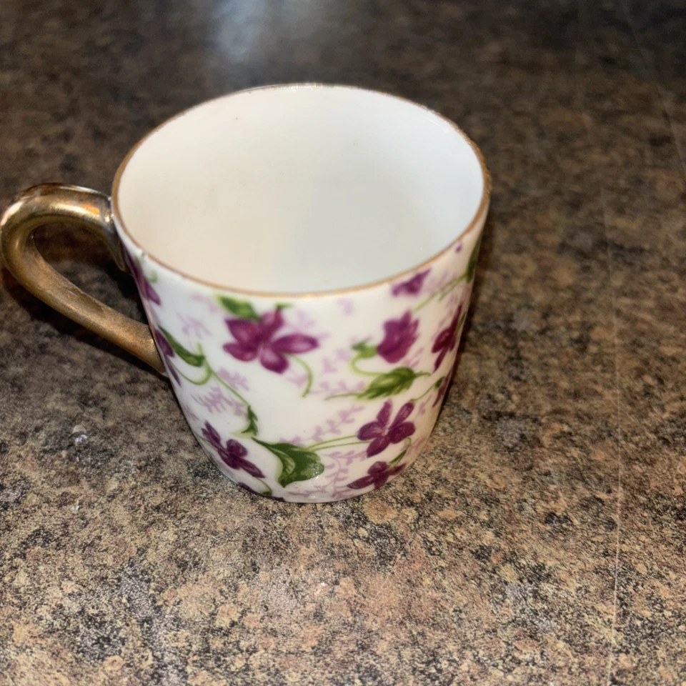 Taza de té/demitasse vintage Inarco Japón retirada púrpura violeta floral adorno dorado Foto 4 de 4