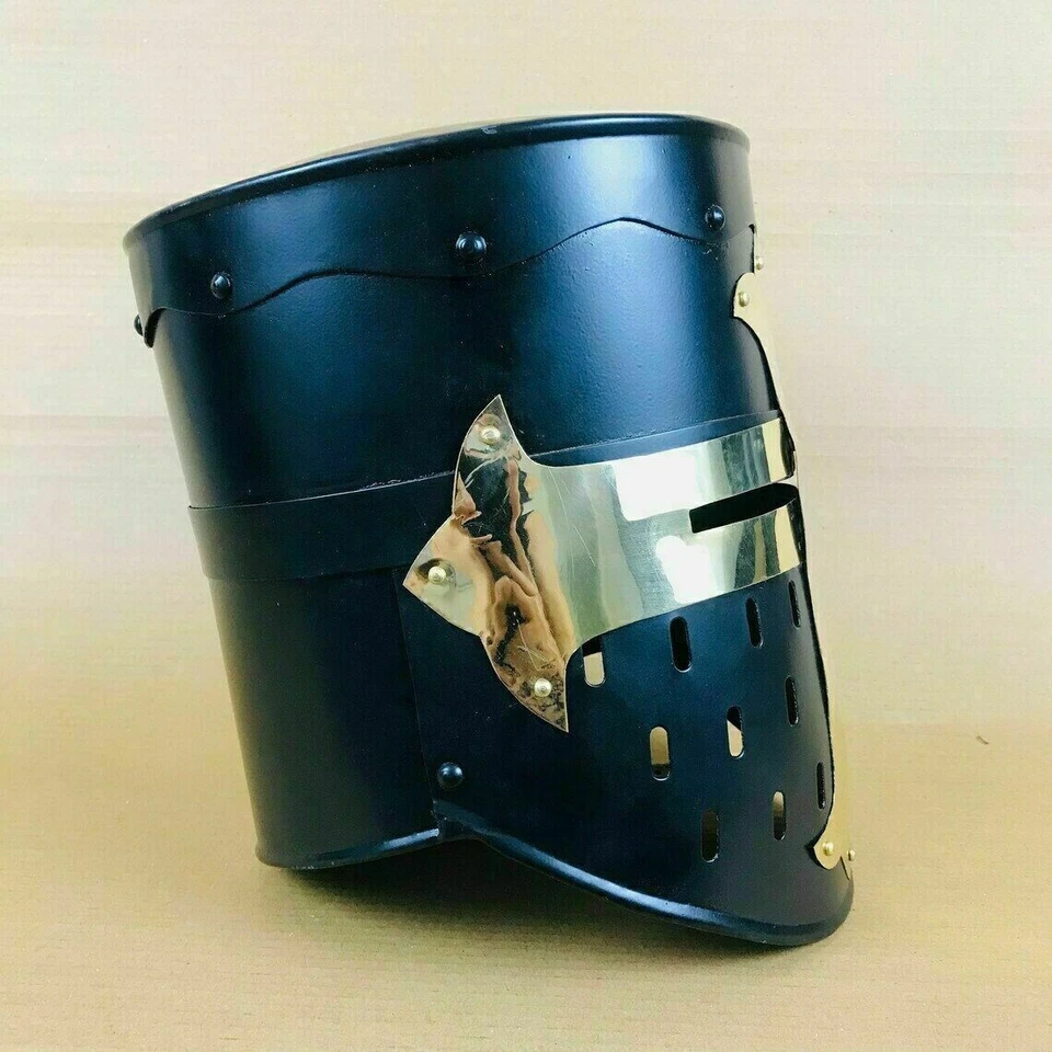 Capacete medieval cavaleiro armadura cruzado templário viking com suporte presente design azul - Imagem 2 de 4