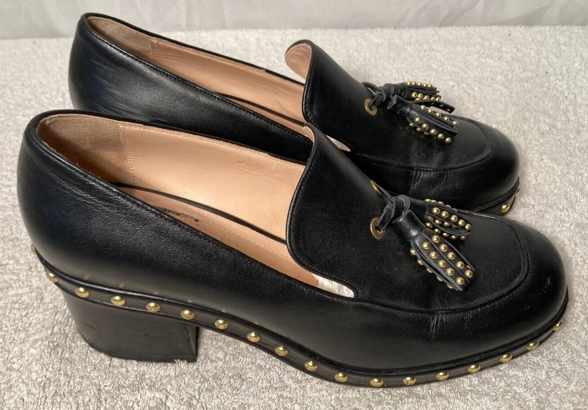 Pinko Womens Black Leather Studded Tassel Loafers Size UK 6 EU