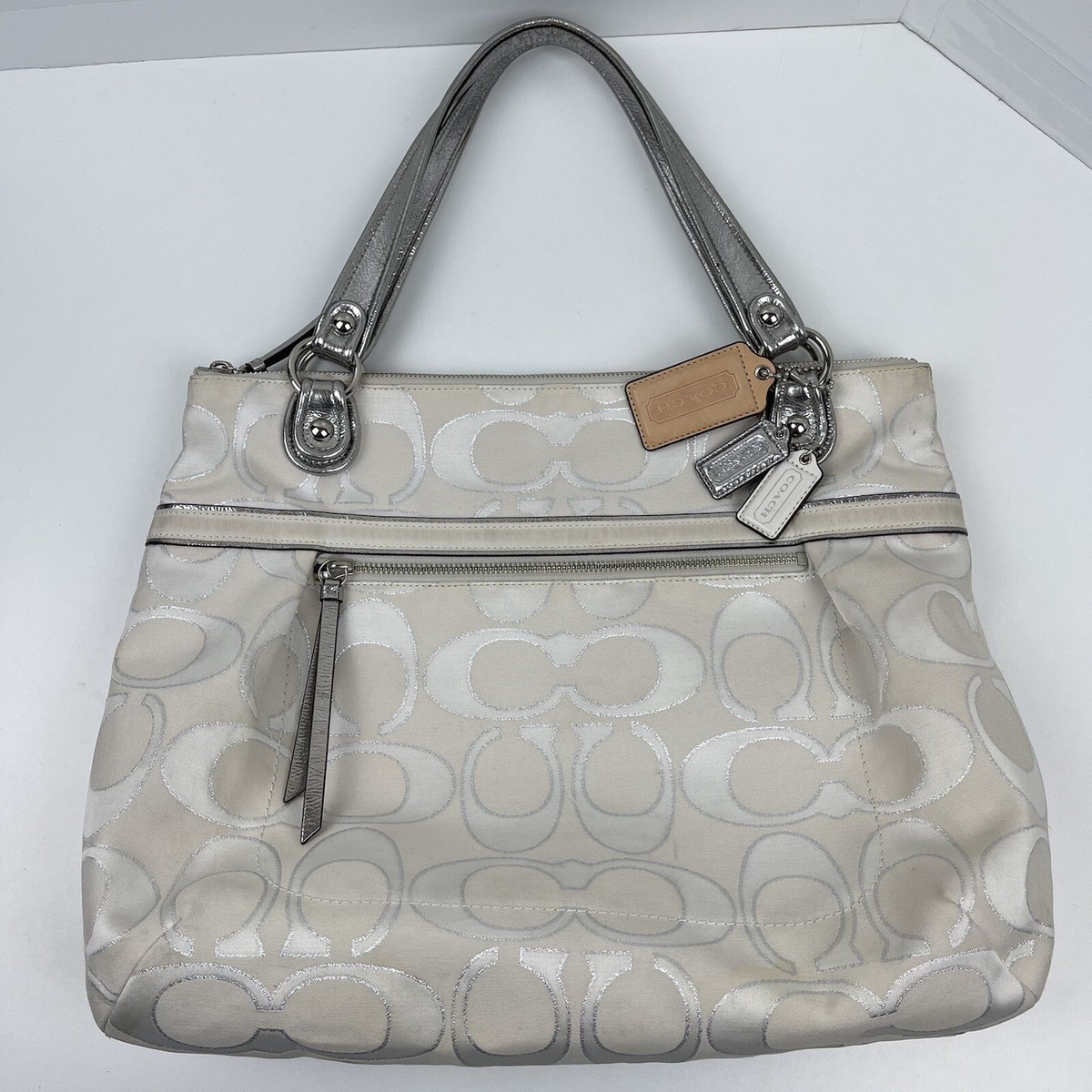 Coach Poppy Metallic Signature Sateen Glam Silver Women Tote Coach Poppy Metallic Signature Sateen Glam Silver Women Tote