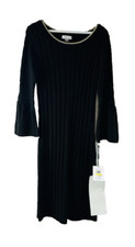 New Calvin Klein Medium Contrast Trim Bell Sleeve Cable Knit Sweater Dress