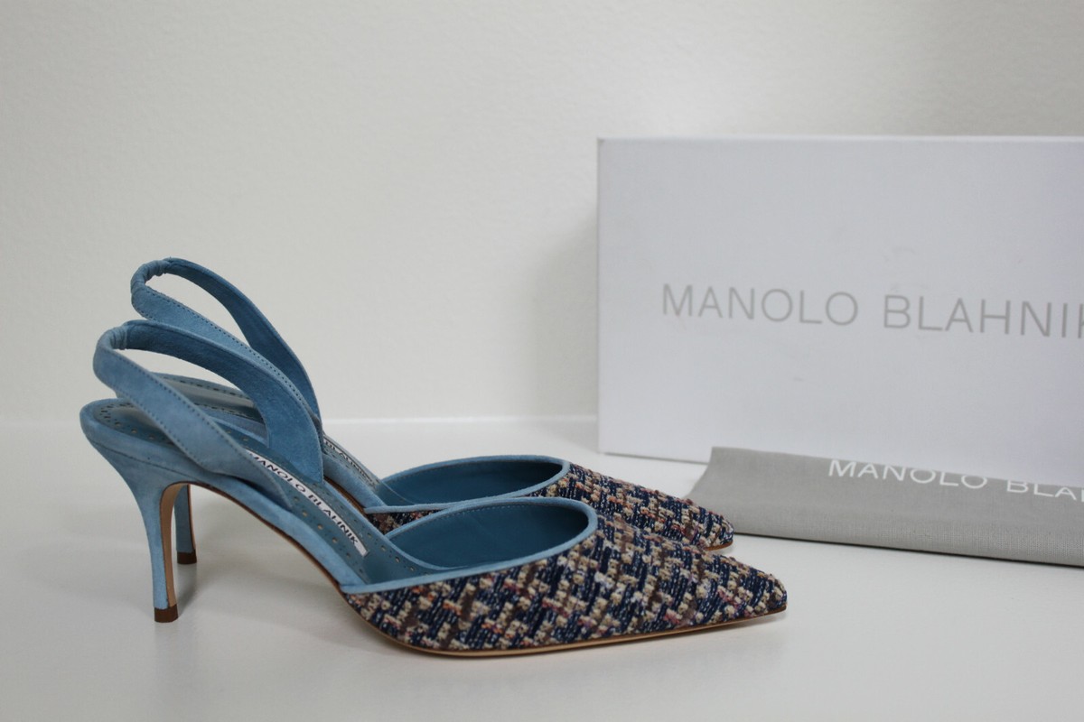 sz 7.5 / 37.5 Manolo Blahnik Carolyne Tweed Blue Pointy Toe