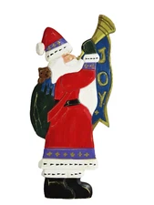 Carved Wood Trumpeting Santa Claus Wall Door Christmas Décor JOY Hand Painted