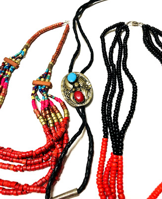 Awesome lot of old vintage Native American beaded layered necklaces black red