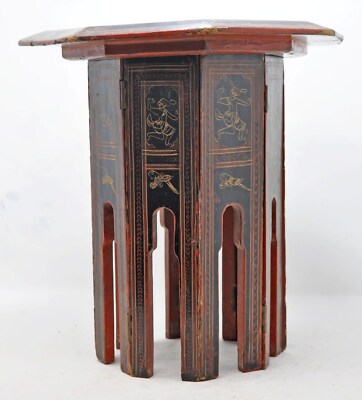 Table Pliante Octogonale Ancienne - Bois Laqué Artisanale, Origine Inde, Vintage Authentique