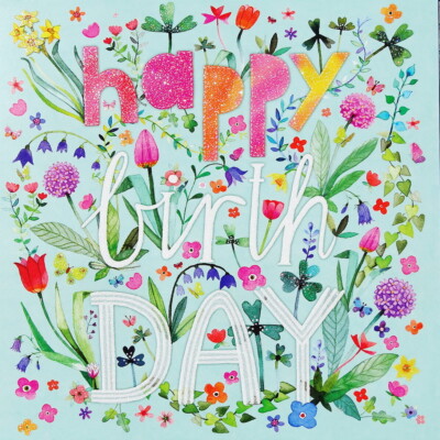 Mila Marquis*Postkarte*14x14''Happy Birthday''Blumen Grußkarte*Glitzer Schriftzug