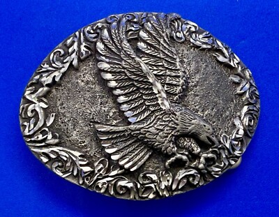 3D Flying American Bald Eagle Swirl Ornate Border Carved 1993 EGE Belt Buckle