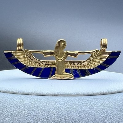 1920s Vintage 18K Gold Pendant Egyptian Goddess Isis with Lapis Lazuli Wings 2''