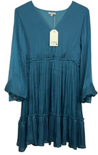 Jodifl Teal Shimmer Tiered Dress Women's Med Long Sleeve V-Neck Lined Ruffle G7