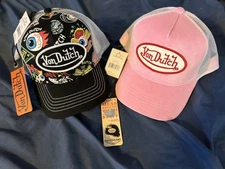 Von Dutch All Over Print Eyes Black Hat And VON DUTCH PINK CRUSH VELVET Combo2pc