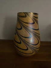 VTG Hand Blown Iridescent, Peach Colored Swirl Vase ￼