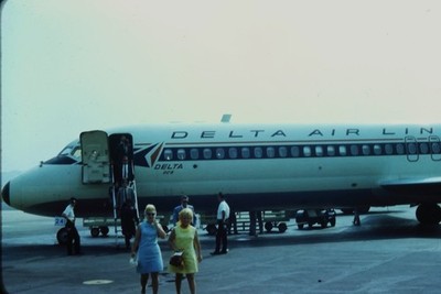 c1960's 35mm Slide Film Delta Air Lines DC 9 Jet Aircraft Airport Sign Gate