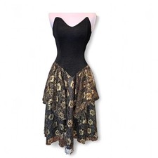 Vintage Black & Gold Lace Corset Dress UK 12 US 8 Whimsygoth Fairy Made in UK
