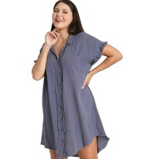 Umgee Shirt Dress Crinkle Fabric M Raw Edges Short Sleeve Boho Comfort Light