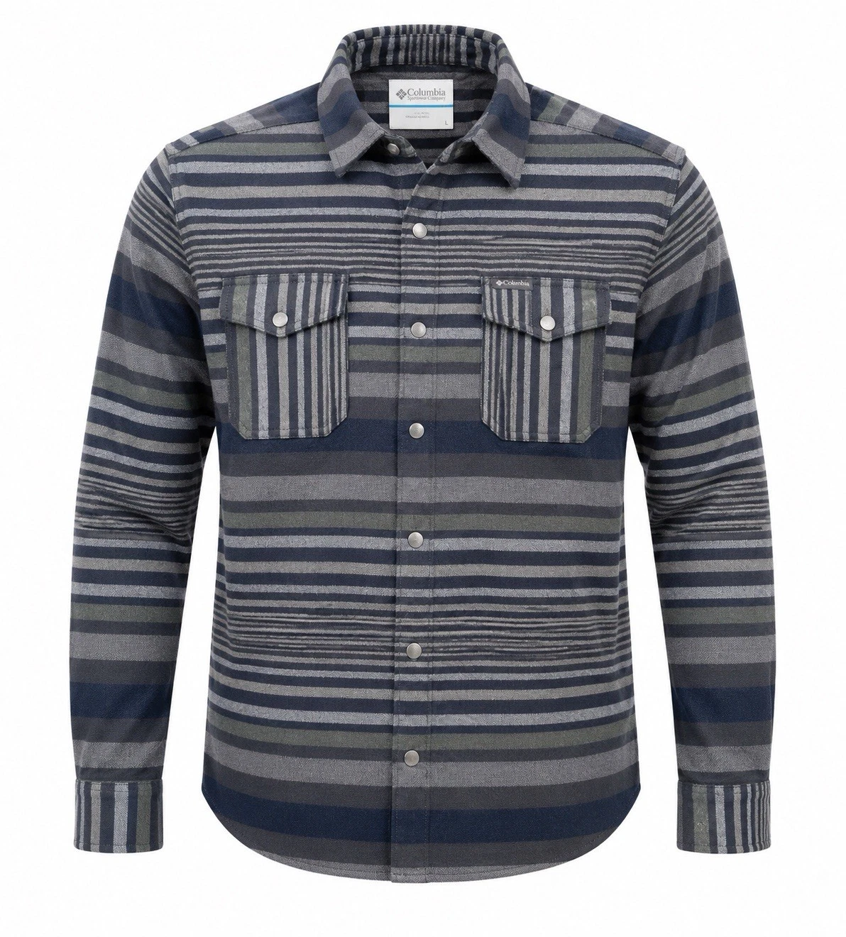 Columbia Sportswear Mens Flannel Shirt Large Gray Striped Button Up Long Sleeve