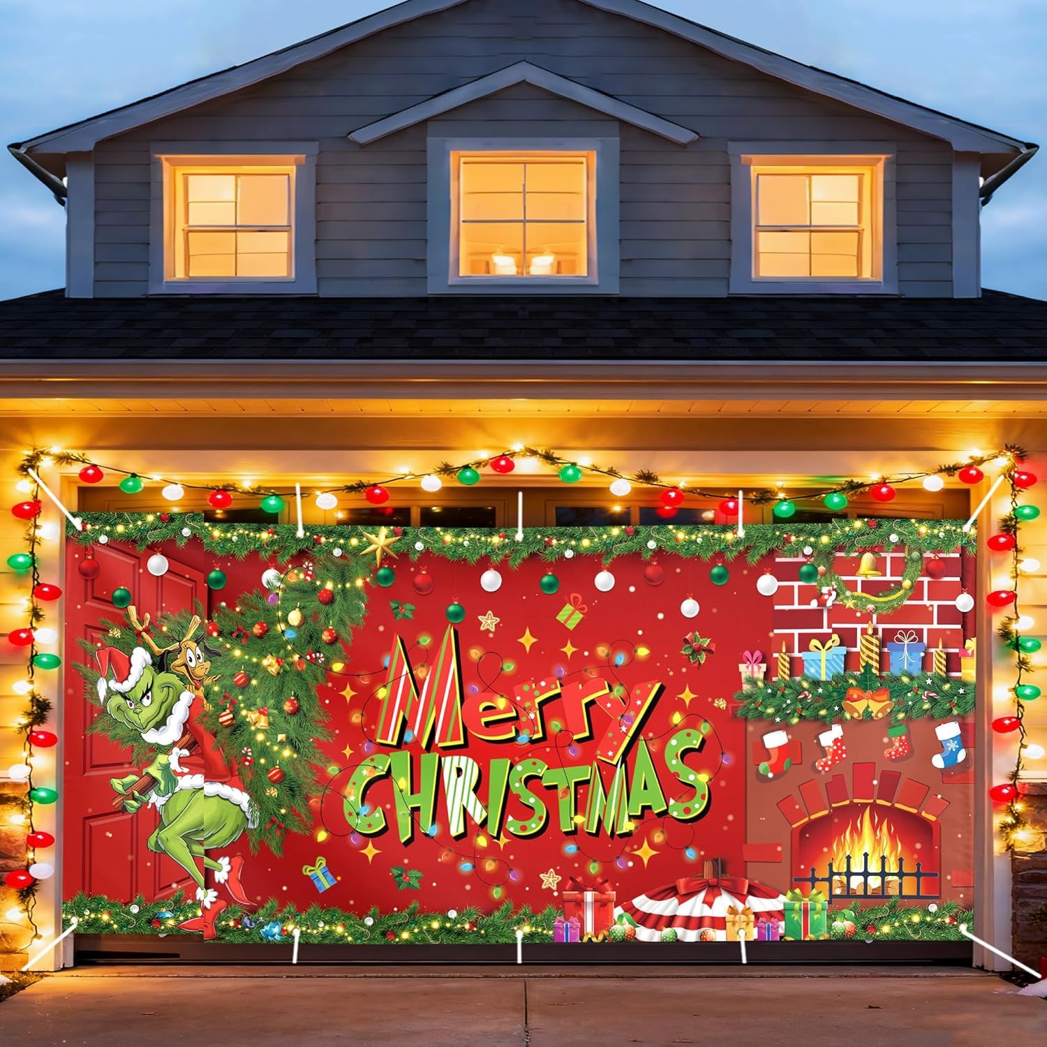 Christmas Garage Door Cover Red and Green Xmas Backdrop Hanging Sign Colorful 