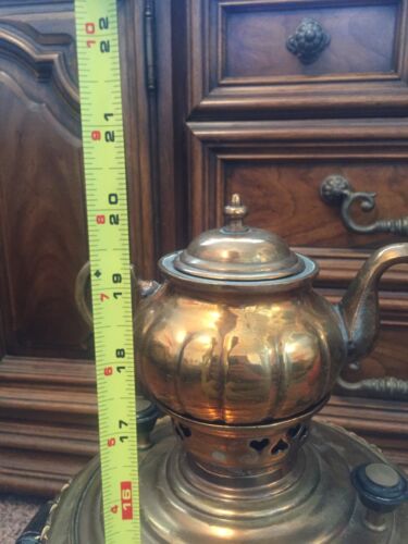 Antica urna da tè samovar russa vintage legno ottone rame - marcata - Foto 12 di 12