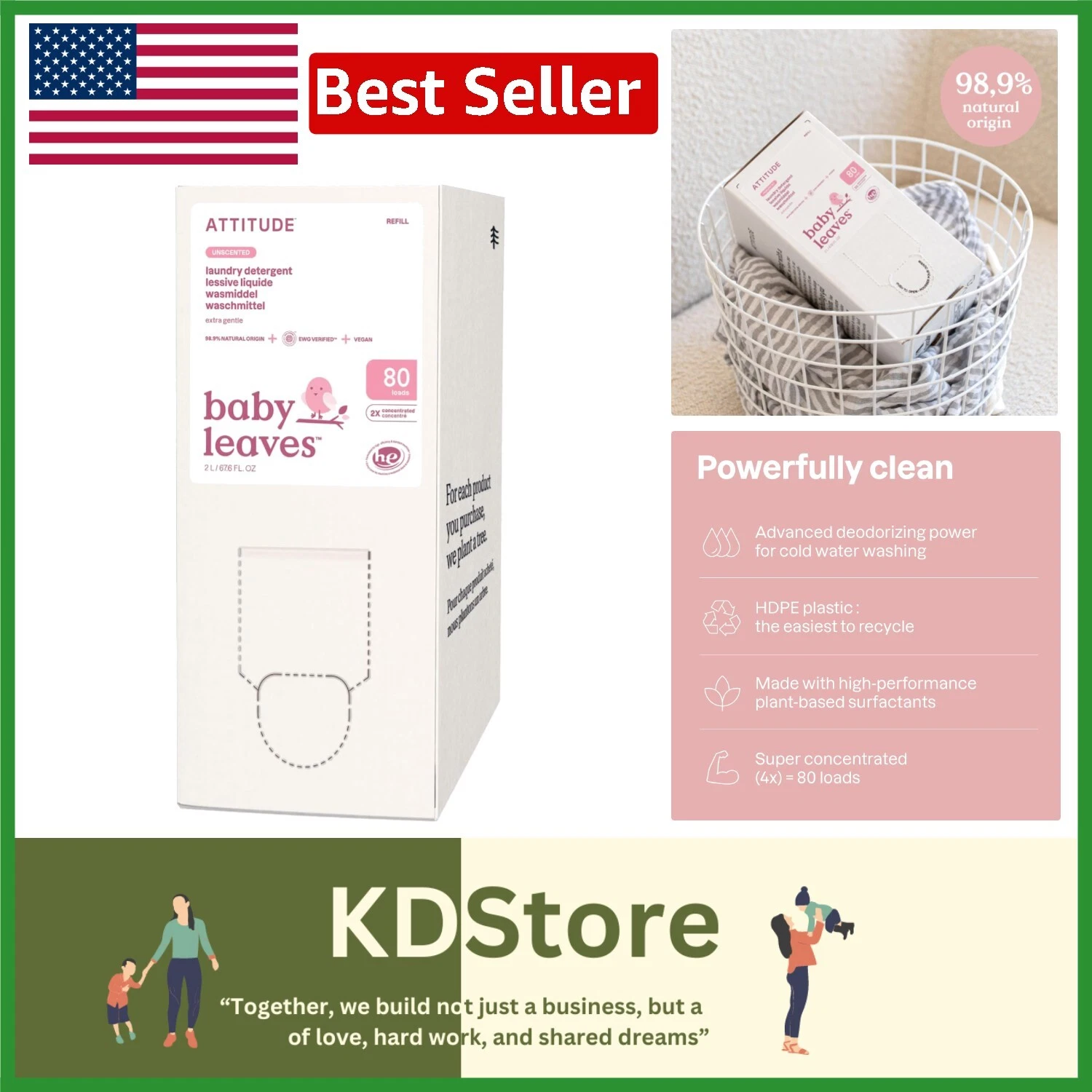Eco-Friendly Baby Laundry Detergent, 80 Loads, Liquid, Unscented, PETA Certified