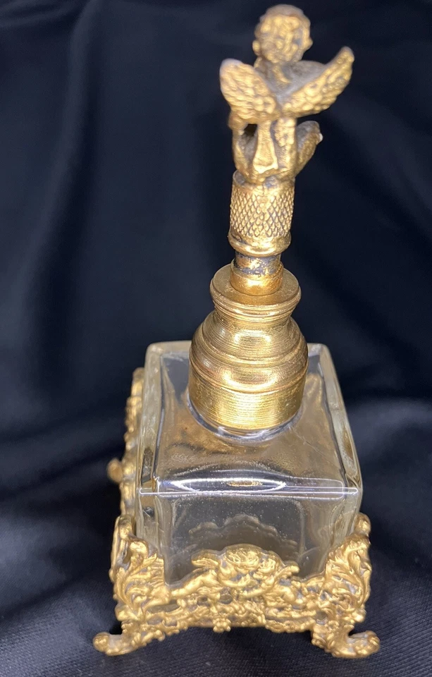 Vintage Gold Ormulu Germany Filigree Perfume Bottle Cherub wHorn Dauber G3D - Image 2 of 4
