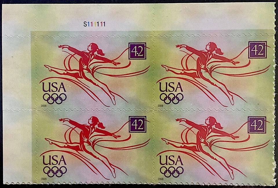 2008 OLYMPIC GYMNAST MNH Block 4 x 42¢ Stamps #4334 Gymnastics, UR or UL Plate # - Image 2 of 3