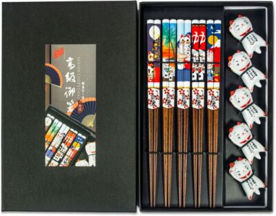 Yoaxia 5 Paar Essstäbchen + 5 Ablagen | Lucky Cat Maneki Neko | mit Geschenkbox
