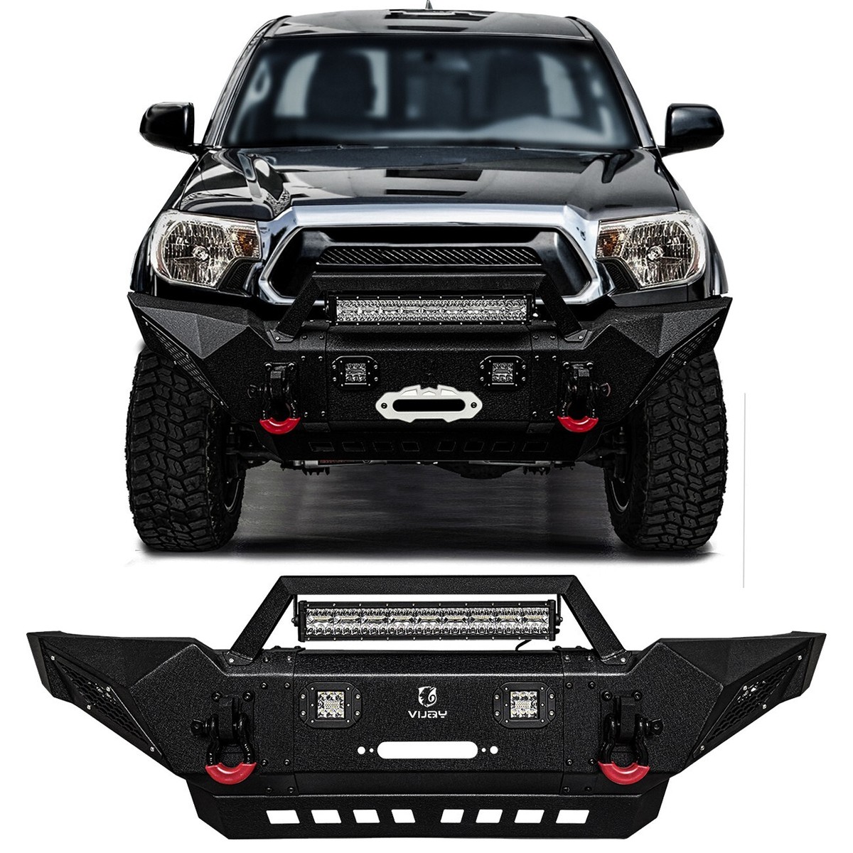 Vijay For 2005-2015 Tacoma Black Front Bumper with LED Lights and
