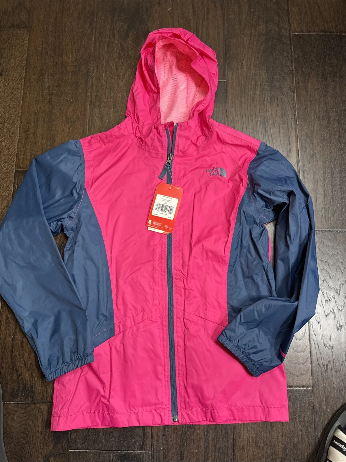 The North Face Zipline Jacket Girls/Kids (18) XL Blue Pink Hooded Rain Coat