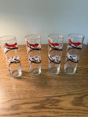 4 Vintage Libbey Tall Tom Collins Glass Tumbler TALLY HO Fox Hunt Dogs 7'' Hounds