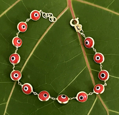 Rotes Evil Eye Armband in 14k massiv Gelbgold Mädchen Frauen verstellbar 5-6'' Zoll