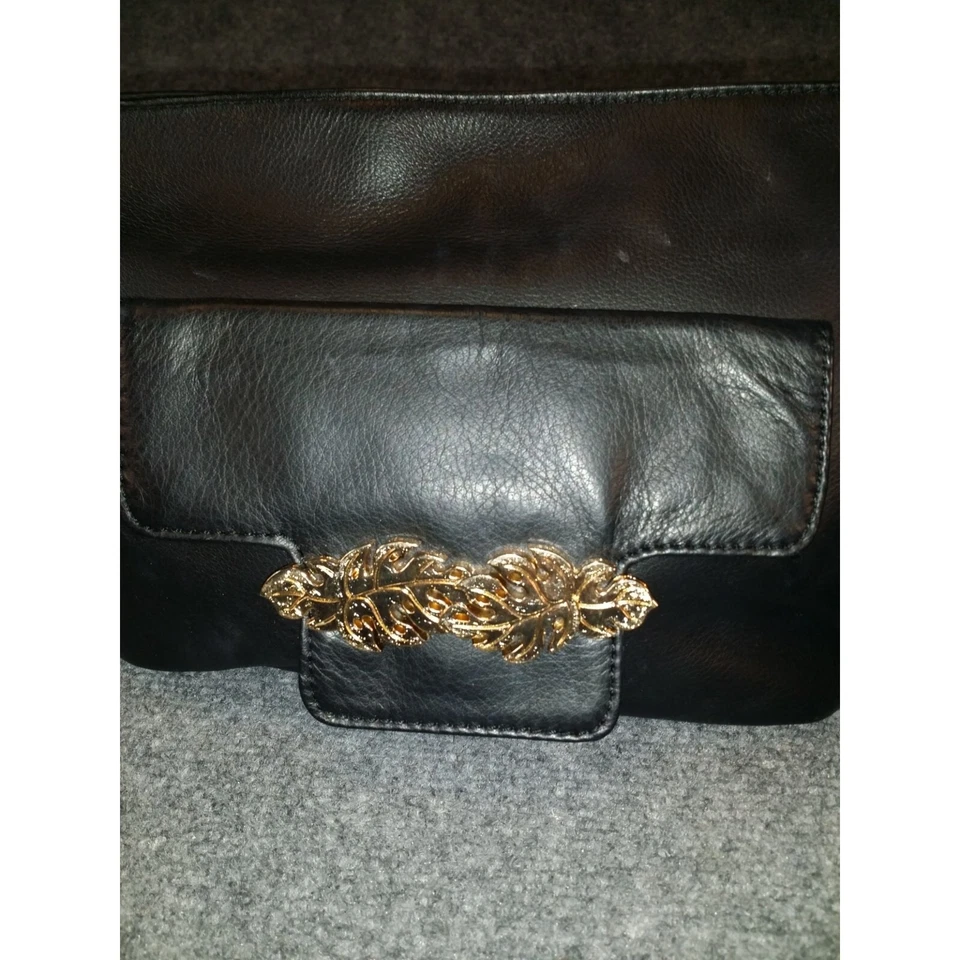 Tommy Bahama Crossbody Bag Black Leather Embroidered Gold Tone Embellish Boho - Image 3 of 4