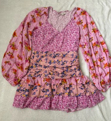 For Love Bell Pink Floral Fit & Flare Dress M Long Sleeve Ruffle