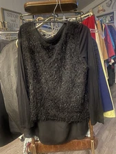 Chico's  Black Fuzzy Metallic Long Sleeve Top Sz 1 (M) Medium satin trim V back