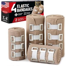 Premium Elastic Bandage Wrap - 4pk 2x3in, 2x4in 12 Extra Clips - Strong Comp