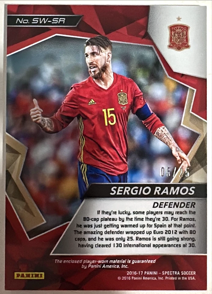 Parche usado Panini Spectra Sergio Ramos 2016-17 5/25 rosa Prizm España jugador Foto 4 de 4