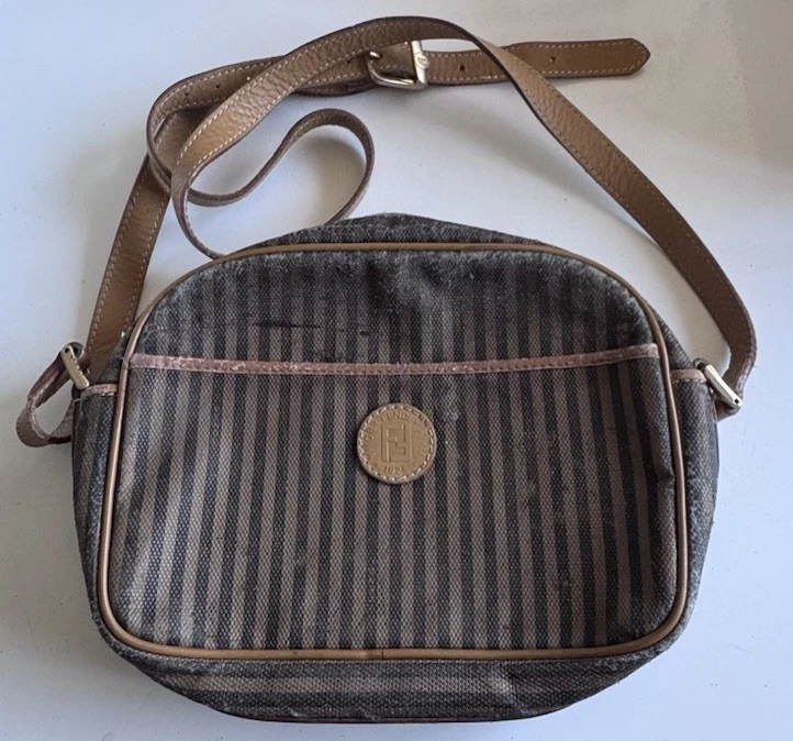 Borsa a tracolla vintage Fendi Pequin a righe marrone LEGGI