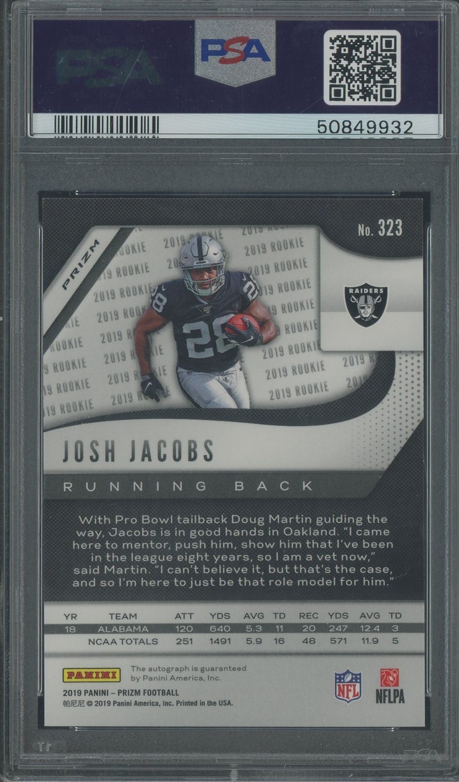 2019 Panini Silver Prizm #323 Josh Jacobs Raiders RC Rookie AUTO PSA 10 GEM MINT view 2