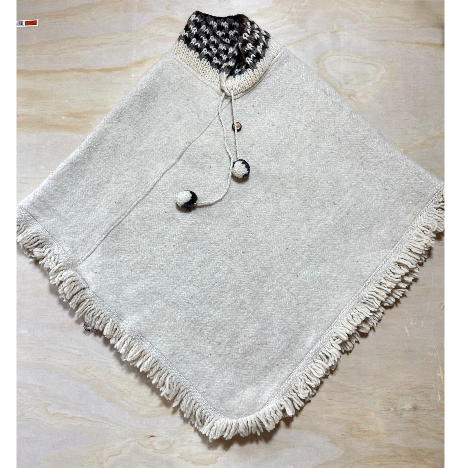 Vintage Handmade Cream Wool Fringe Poncho Knit Collar Pom Pom Wooden Button