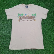 Thrasher Magazine Hawaiian Tiki Logo Skate T-Shirt Mens Small Tan