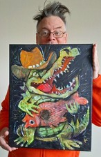 Alligator Outsider Painting Lrg Graffiti Folk Art OOAK Abstract Canvas Whimsical