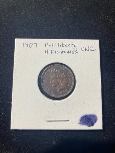 1907 Indian Head Uncirculated Small Cent with 4 Diamonds Full Liberty